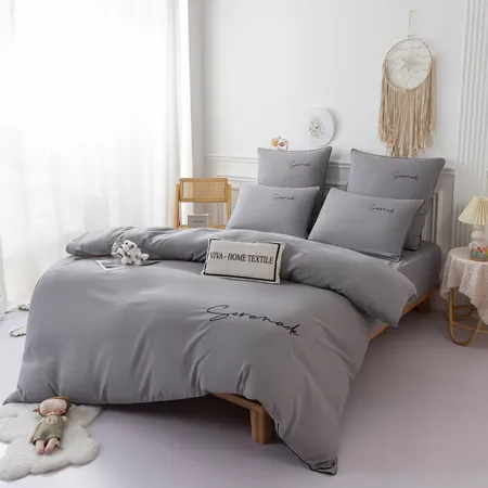 Комплект постельного белья 2 спальный серый с вышивкой Иркутск